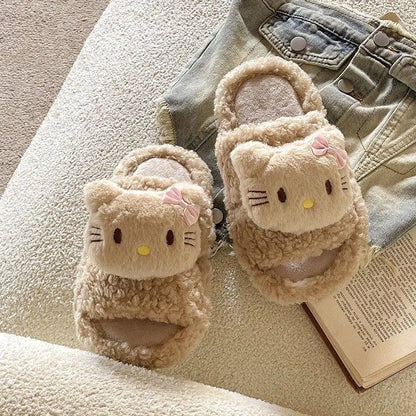 New Sanrio Sweet Hello Kitty Warm Cotton Slippers For Student Dormitory Comfortable One Word Hairy Adult Cotton Slippers