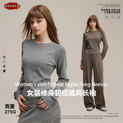 ZODF Sexy Autumn Washed 275gsm Full Sleeve T Shirt For Women Ladies Girls Slim Fit Distressed T-Shirts Tops HY1145