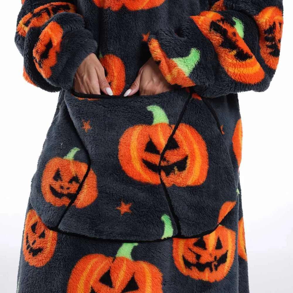 Halloween Oversized Blanket Hoodie for Adults Extra Long Plush Thick Wearable Blanket with Sleeves Women Men Winter Home Clothes