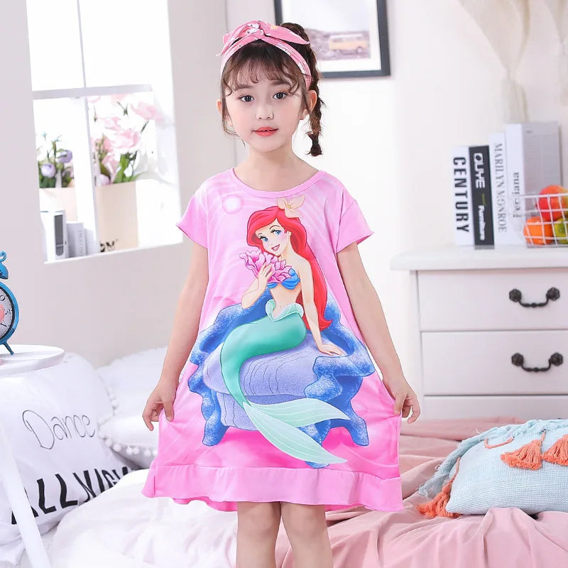 Girls Night Dress Summer Cartoon Snow White Frozen Princess Elsa Mermaid Print Toddler Girl Nightgown for Teens