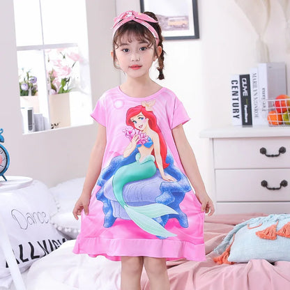 Girls Night Dress Summer Cartoon Snow White Frozen Princess Elsa Mermaid Print Toddler Girl Nightgown for Teens