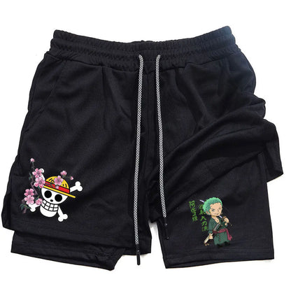 New Summer One Piece Anime Gym Shorts Man Women Double-Layer Mesh Breathable Sports Shorts Y2k Casual Fitness Quick-drying Pants