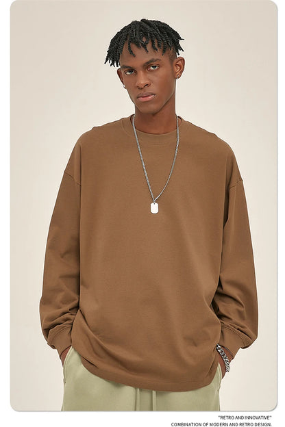 ZODF New 2025 Autumn Men 305gsm 100% Cotton T Shirt Unisex Loose Heavy Weight Basic Long Sleeve Solid T-Shirts Tops HY0634