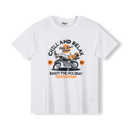 Summer New American Retro Short-sleeved O-neck Motorcycle Printed T-shirt Men's Fashion 100% Cotton Washed Casual Sport Tops