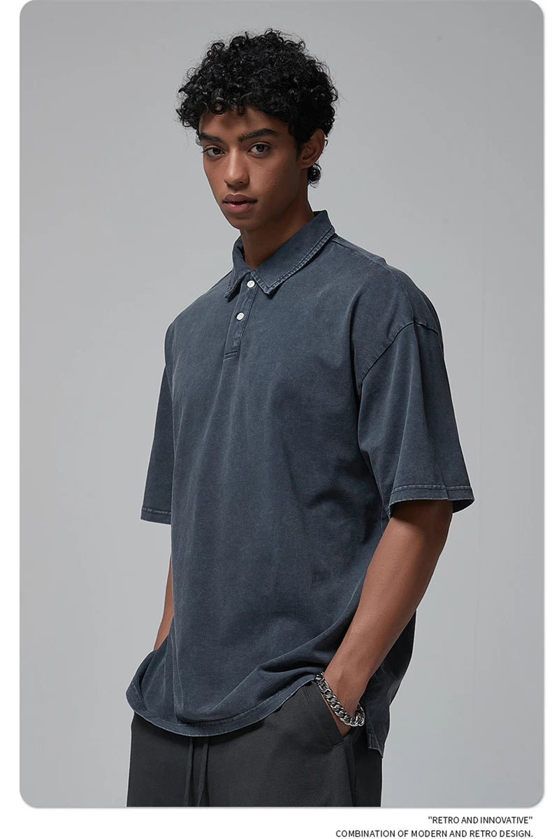 ZODF Summer Men Batik Washed 275gsm Cotton T Shirt Unisex Retro Turn Down Collar Short Sleeve T-shirts Tees HY0533