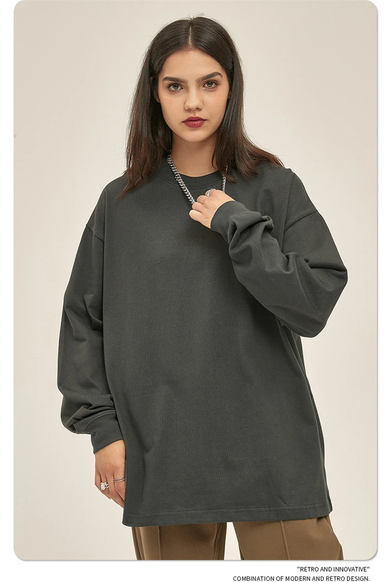 ZODF New 2025 Autumn Men 305gsm 100% Cotton T Shirt Unisex Loose Heavy Weight Basic Long Sleeve Solid T-Shirts Tops HY0634