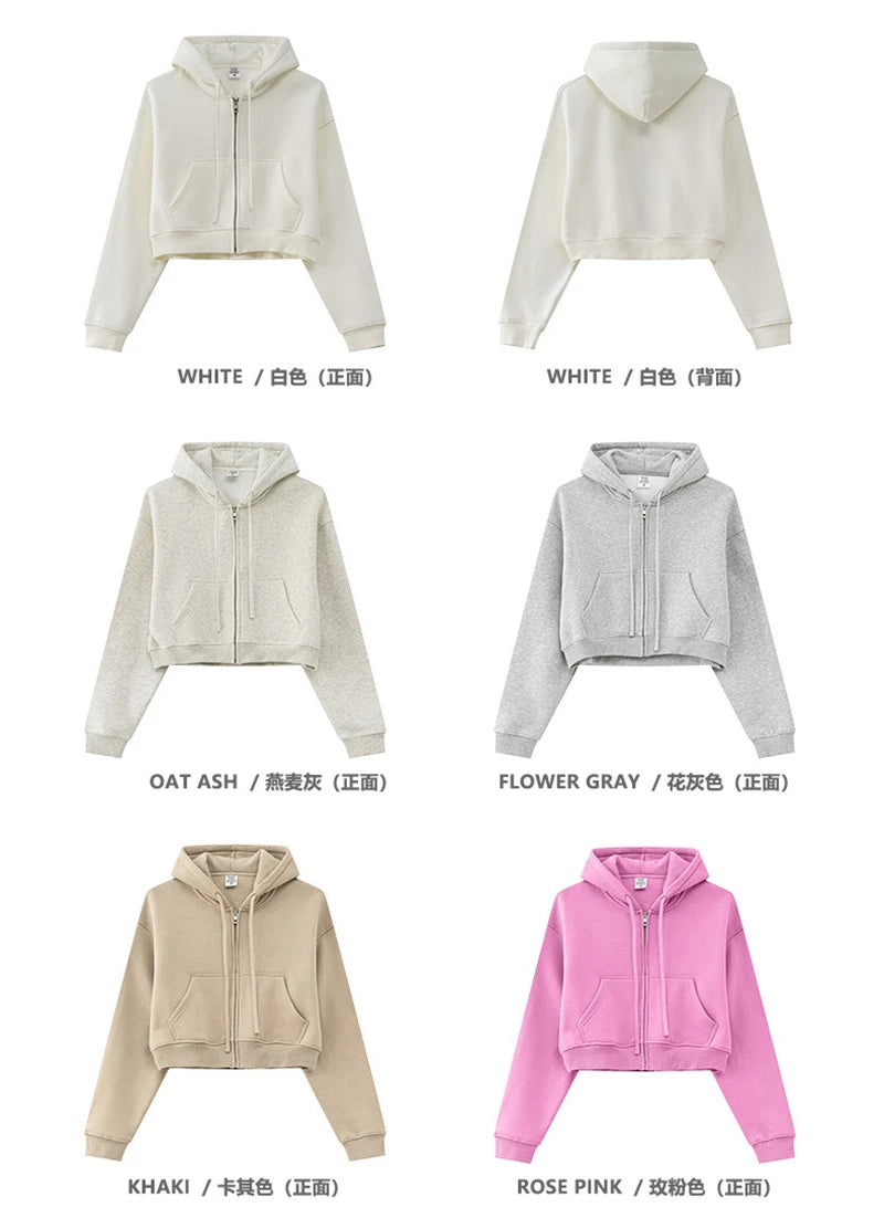 ZODF 2024 Winter Women Zipper Crop Hoodies Female Girls Solid 345gsm Warm Fleece Short Hooded Zip-Up Coat HY0911