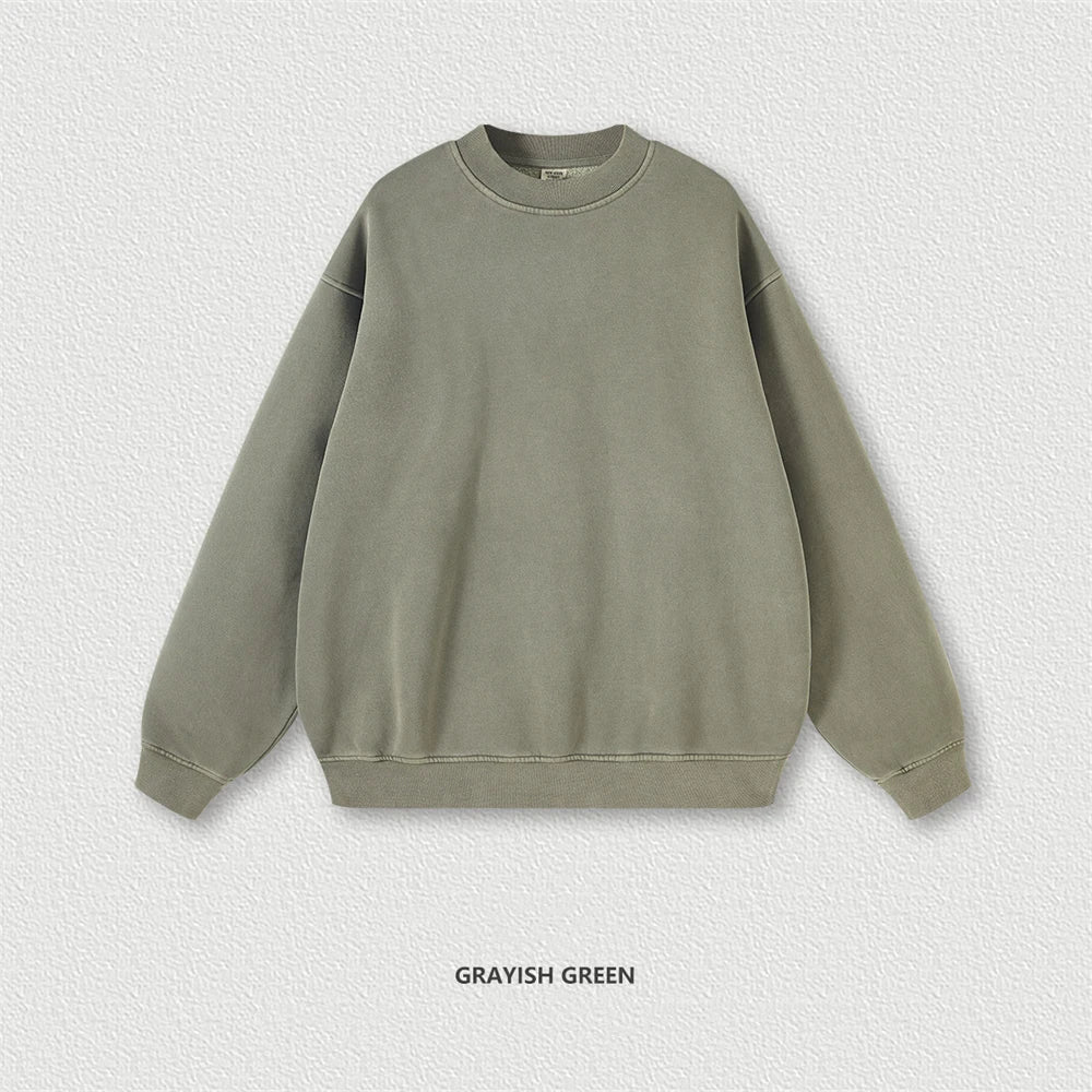 ZODF New Men Winter 355gsm Washed Fleece Sweatshirts Retro Unisex Oversized Solid O-Neck Warm Pullovers Coat Streetwears HY0639