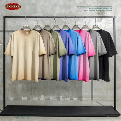 ZODF 2023 Men's Summer 255G Wash Gradient Fried Cotton T Shirt Round Neck Short Sleeve American Retro Loose T-Shirt HY0547