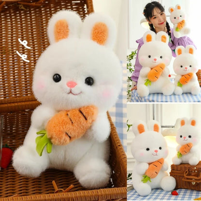 25-50cm Adorable Fuzzy Bunny Hold Carrot Plush Toy Stuffed White Rabbit with Foods on Hand Kids Hug Cuddly Plushie for Children