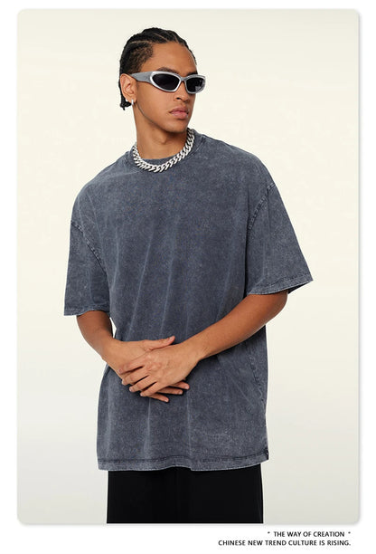 ZODF New Summer Men Washed Batik Cotton T Shirts Unisex American Retro High Street 270gsm Short Sleeve Tees Streetwear HY0489