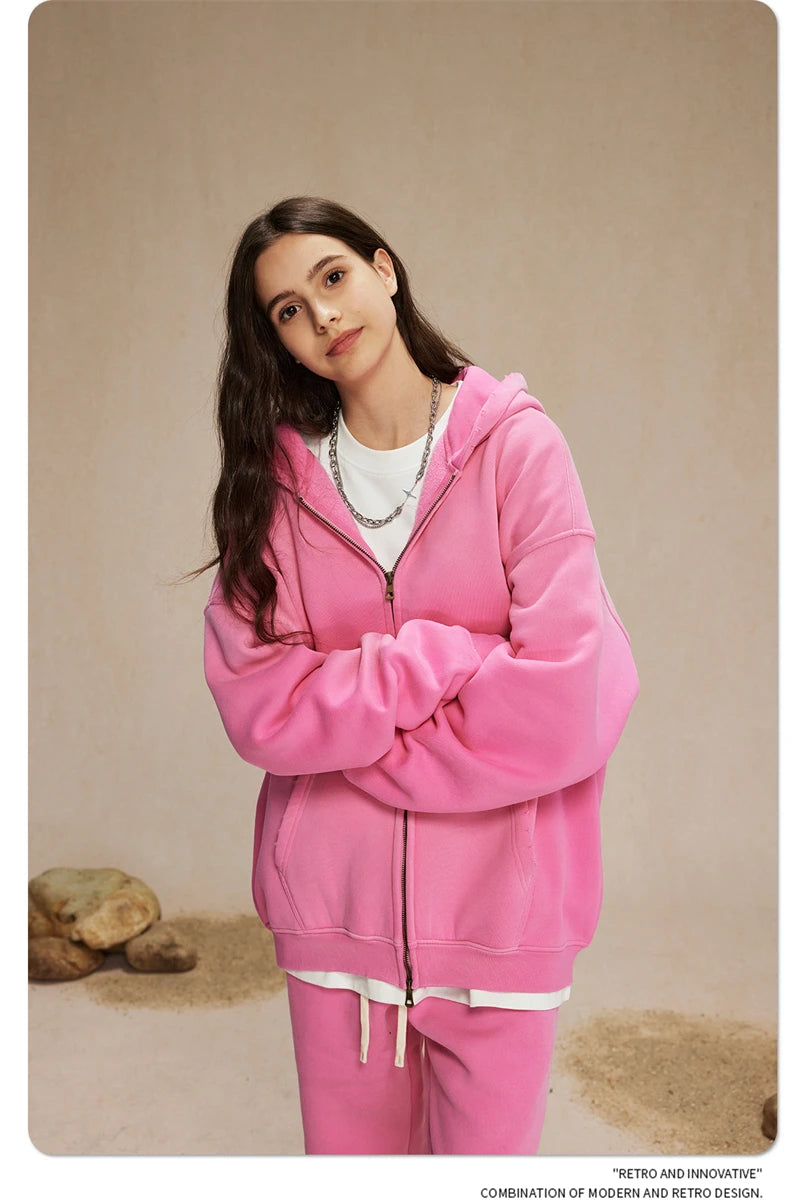 ZODF Retro Winter Men Spray-Dyed Zipper Hoodies Unisex Loose 360gsm Zipper Fleece Hooded Sweatshirt Pullovers Coats HY0719