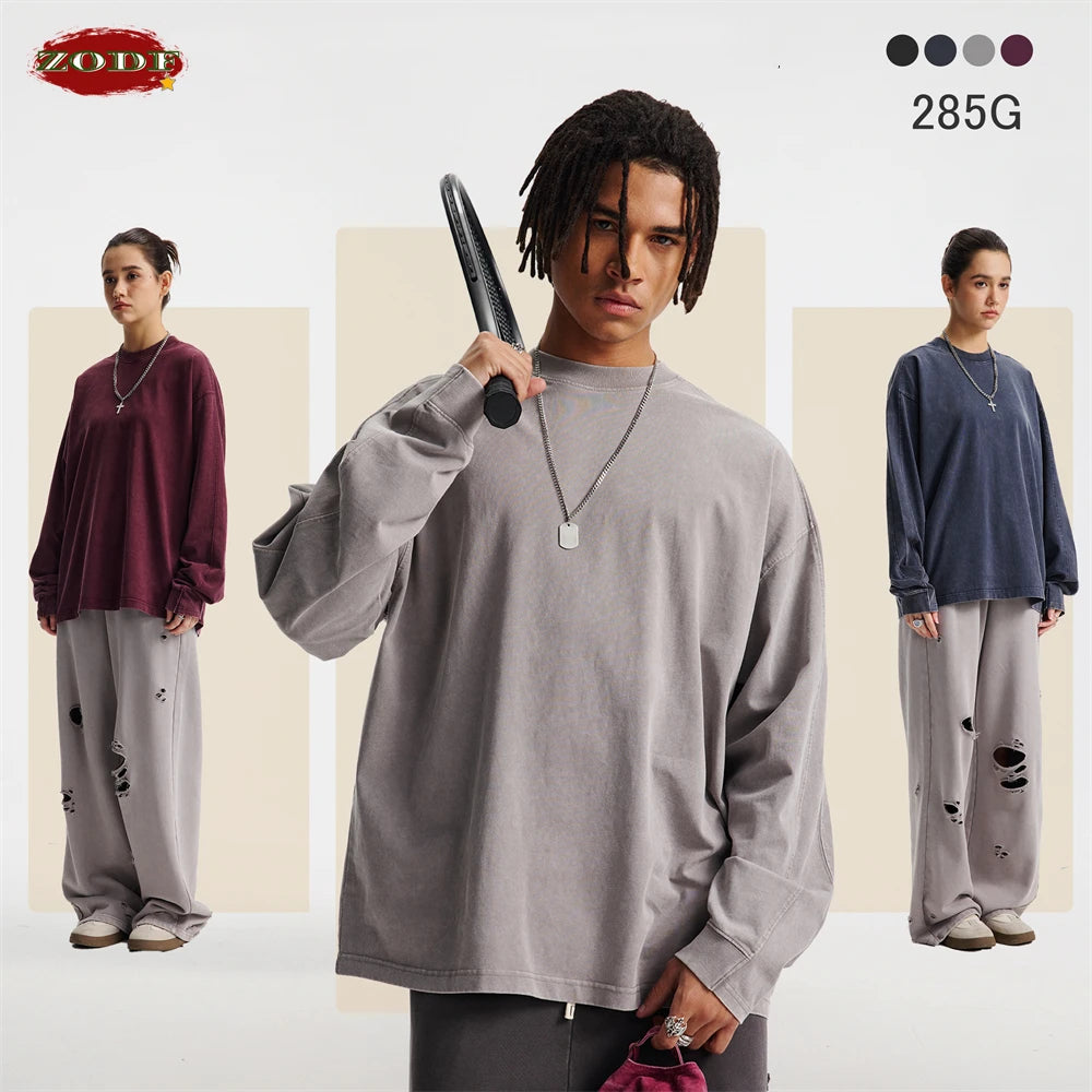 ZODF Retro 285gsm Batik Washed Cotton Man's T-Shirts Unisex Solid Loose Distressed Patchwork Full Sleeve Tee Shirt Tops HY1161