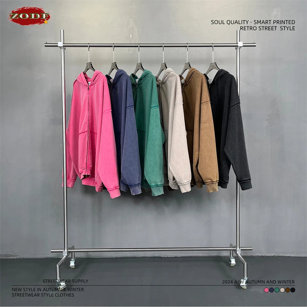 ZODF Retro Men's Heavyweight 450gsm Zipper Hoodies Unisex Loose Distressed Washed Batik Knitted Hooded Coat Jacket HY0889