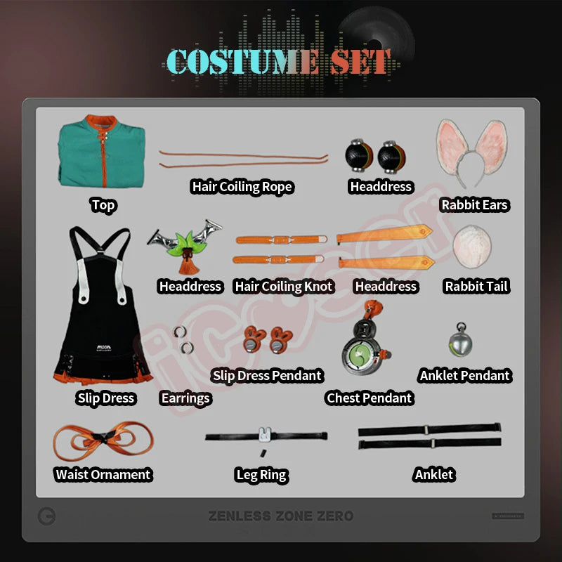 Zenless Zone Zero Zhao Cosplay Costume Wig Dress Uniform Tail Earrings Headwear Rabbit Ear Halloween Party for Women Girls Props