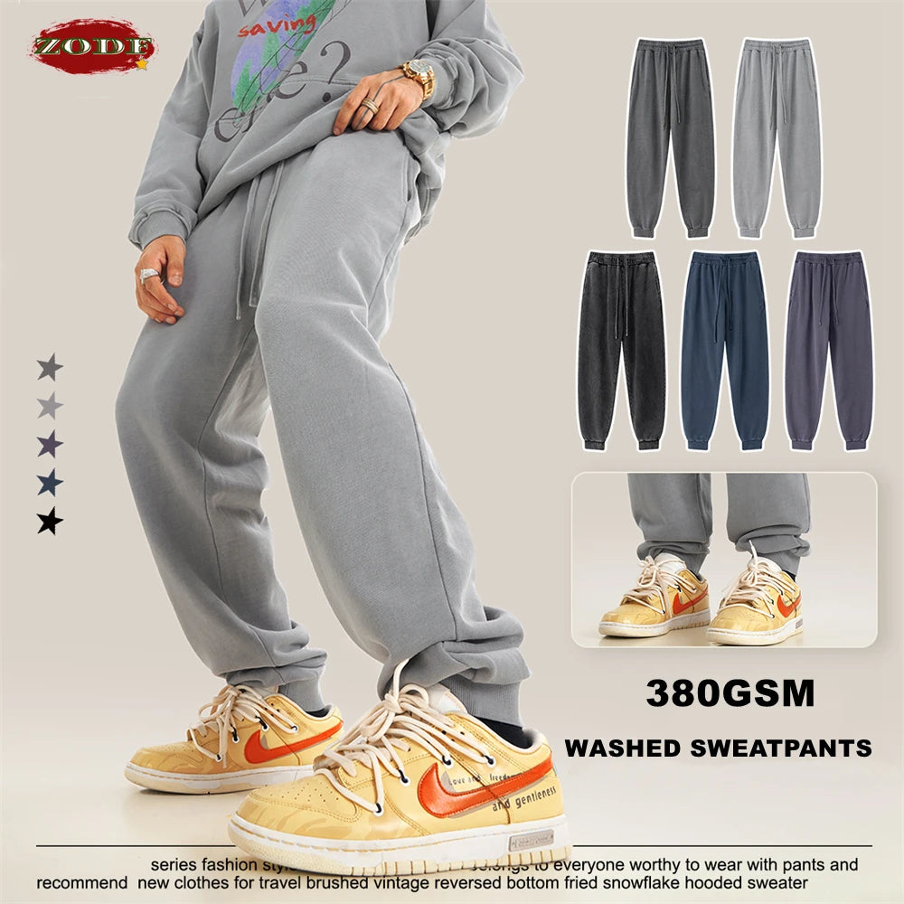 ZODF Retro Men Washed 380gsm 100% Cotton Sweatpant Unisex Loose Sport Solid Joggers Pants For Spring Autumn  HY0901