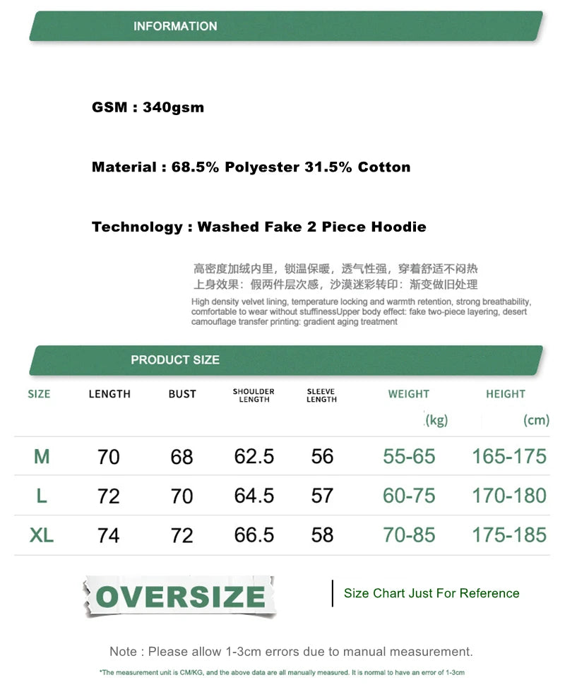 ZODF Fashion Winter Fake 2-Piece 340gsm Fleece Hoodies For Men Unisex High Street Camouflage Sleeve Hooded Pullovers HY1153