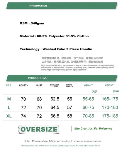 ZODF Fashion Winter Fake 2-Piece 340gsm Fleece Hoodies For Men Unisex High Street Camouflage Sleeve Hooded Pullovers HY1153