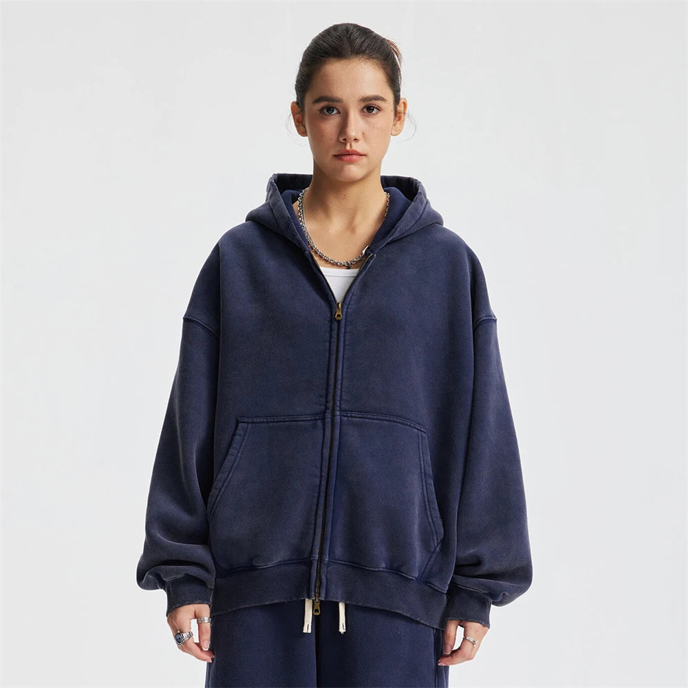 ZODF New 2025 Winter Man's Fleece Zipper Hoodies Unisex Retro 370gsm Loose Boxy Batik Washed Hooded Coats Sweatshirts HY1164