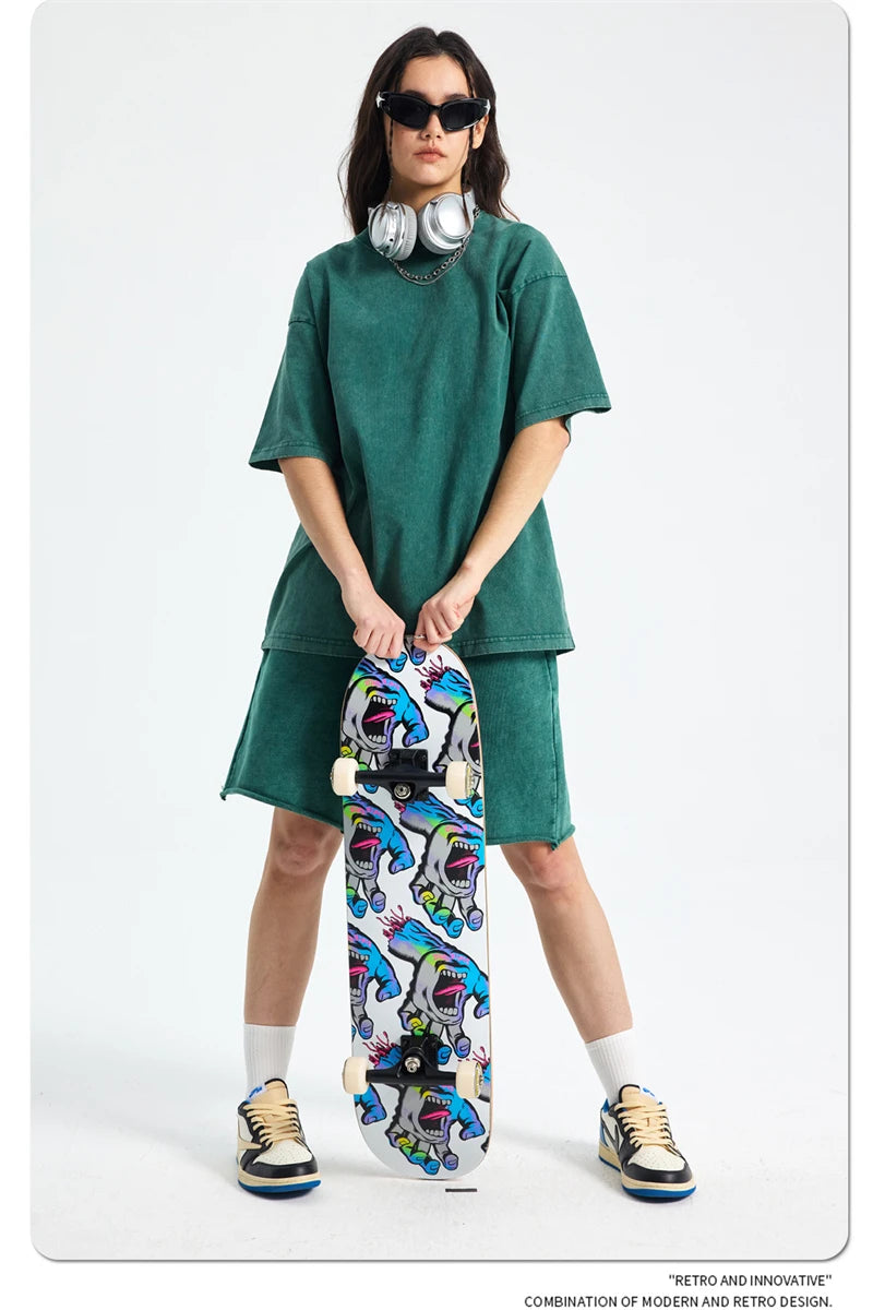 ZODF 2025 High Street Summer Washed Cotton Unisex Loose Retro Solid T-Shirt HY0113