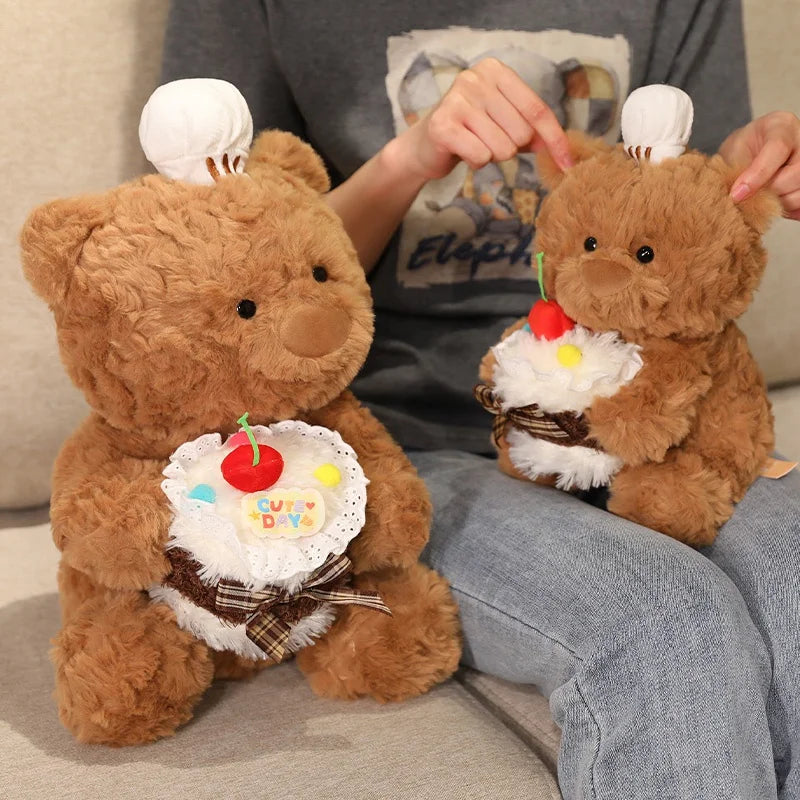 Chef Bear Plush Toy Cute Birthday Cake Bear Soft Stuffed Baby Doll Kids Sleep Pillow Sofa Adorable Cushion Birthday Xmas Gift