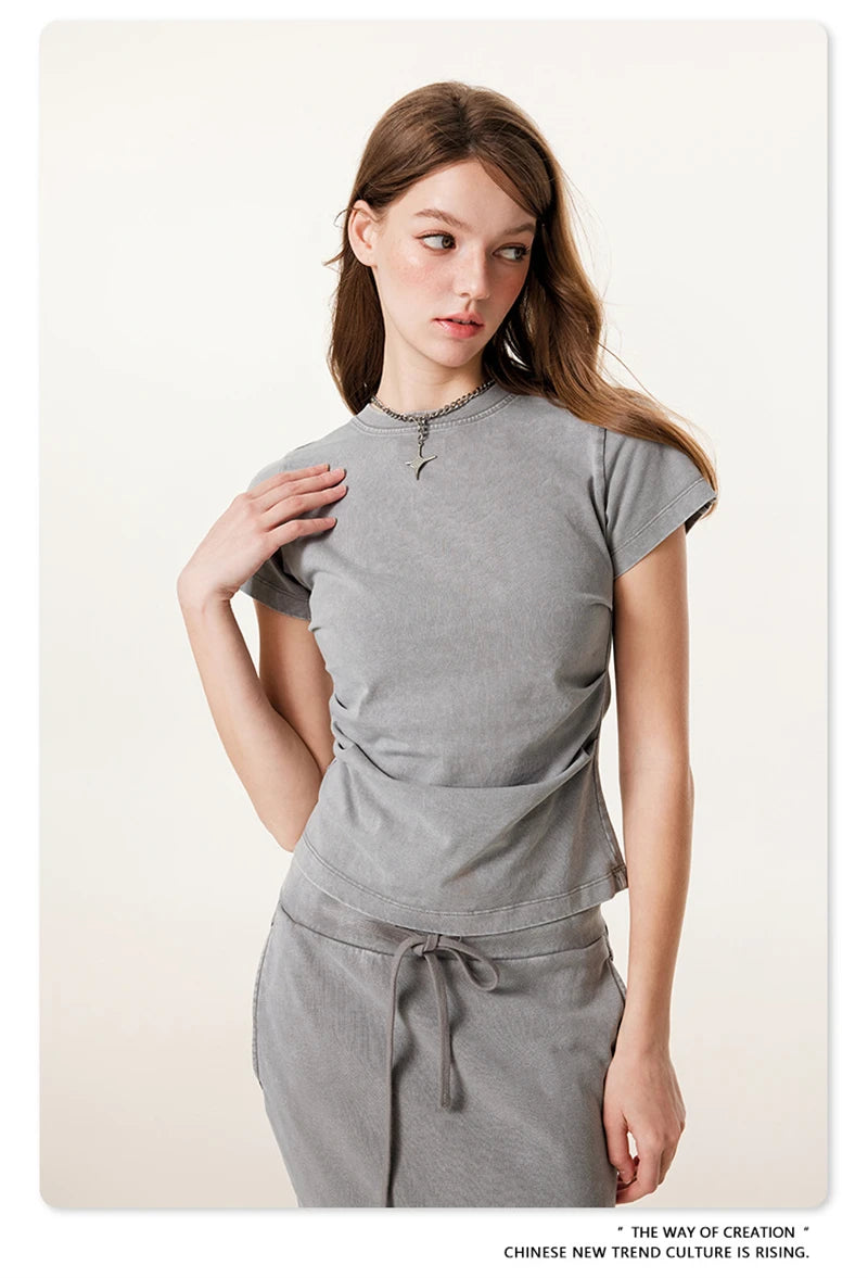 ZODF Retro 2025 Summer Women 285gsm T-Shirts Hotsweet Girls Sexy Slim Fit Washed Distressed T Shirt Brand Tees HY1013