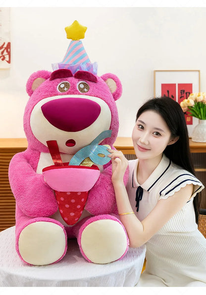 Disney Plush Strawberry Bear Doll with Birthday Hat Cute Stuffed Animal for Kids Birthday Xmas Gift Perfect Toy for Children And