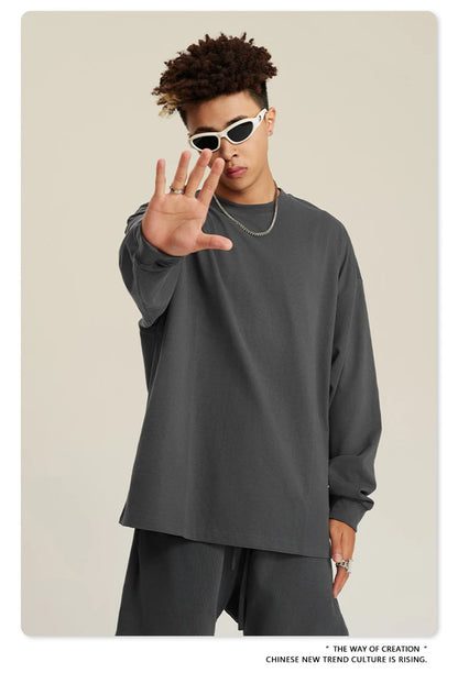 ZODF NEW Autumn Men's Solid Full Sleeve T Shirts Unisex Loose Oversized Casual 305GSM Cotton Basic T-Shirt Brand TEE HY0209