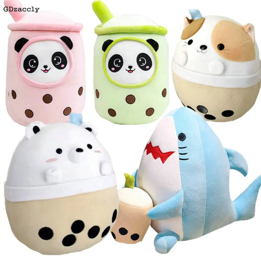 Cartoon Animals Shape Boba Stuffed Panda Polar Bear Shark Bubble Tea Plush Doll Hug Throw Pillow for Kids Round Ball Soft Drink