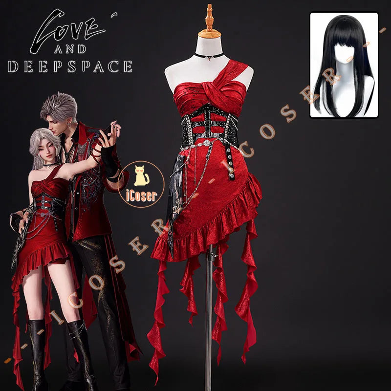 Love and Deepspace MC Cosplay Costume Midnight Waltz Red Dress Heroines New Skin Outfit Sylus Halloween Party for Women Girls