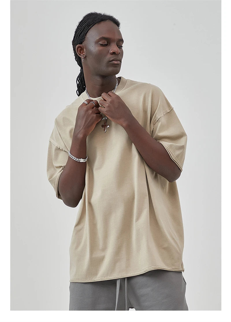 ZODF 2025 High Street Men Batik Washed Solid T Shirts Unisex Summer Loose Edge Noshrink 275gsm Cotton T-Shirt Streetwears HY0466