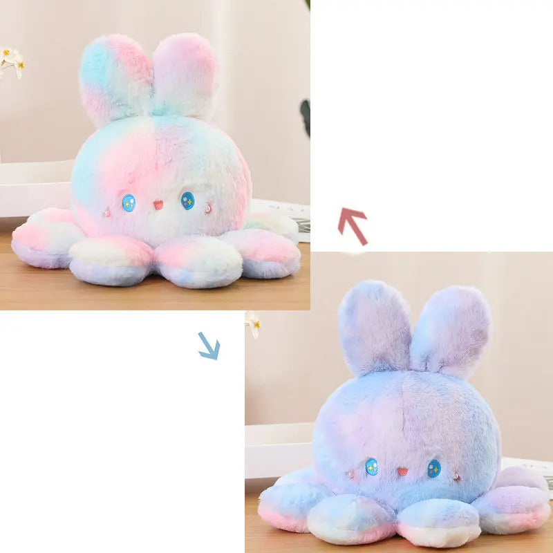 Kawaii Plush Flip Rainbow Cosplay Bunny Octopus Plush Toy Double Side Reversable Rabbit Plushie Peluche Doll  Cuddly Doll