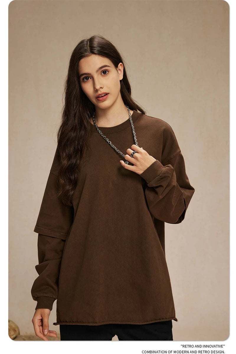 ZODF Retro Autumn Men Washed Cotton T-Shirts Unisex Loose Edge Fake 2-Piece 345gsm Full Sleeve O Neck T Shirt Brand Tops HY0928