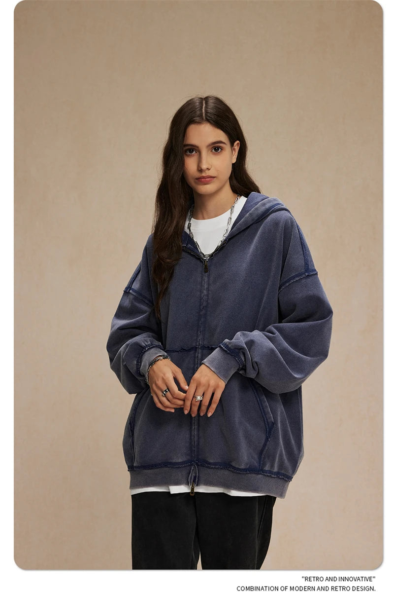 ZODF Retro Men's Heavyweight 450gsm Zipper Hoodies Unisex Loose Distressed Washed Batik Knitted Hooded Coat Jacket HY0889