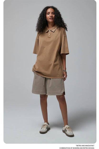 ZODF Summer Men Batik Washed 275gsm Cotton T Shirt Unisex Retro Turn Down Collar Short Sleeve T-shirts Tees HY0533