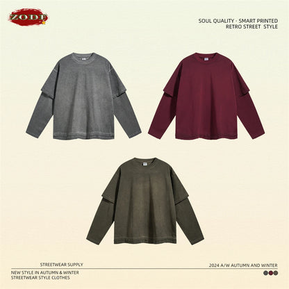 ZODF New 2024 Autumn Fake 2 Pieces T-Shirt For Men Unisex Loose Solid Long Sleeve O-Neck 305gsm Cotton T Shirt Brand Tops HY0944