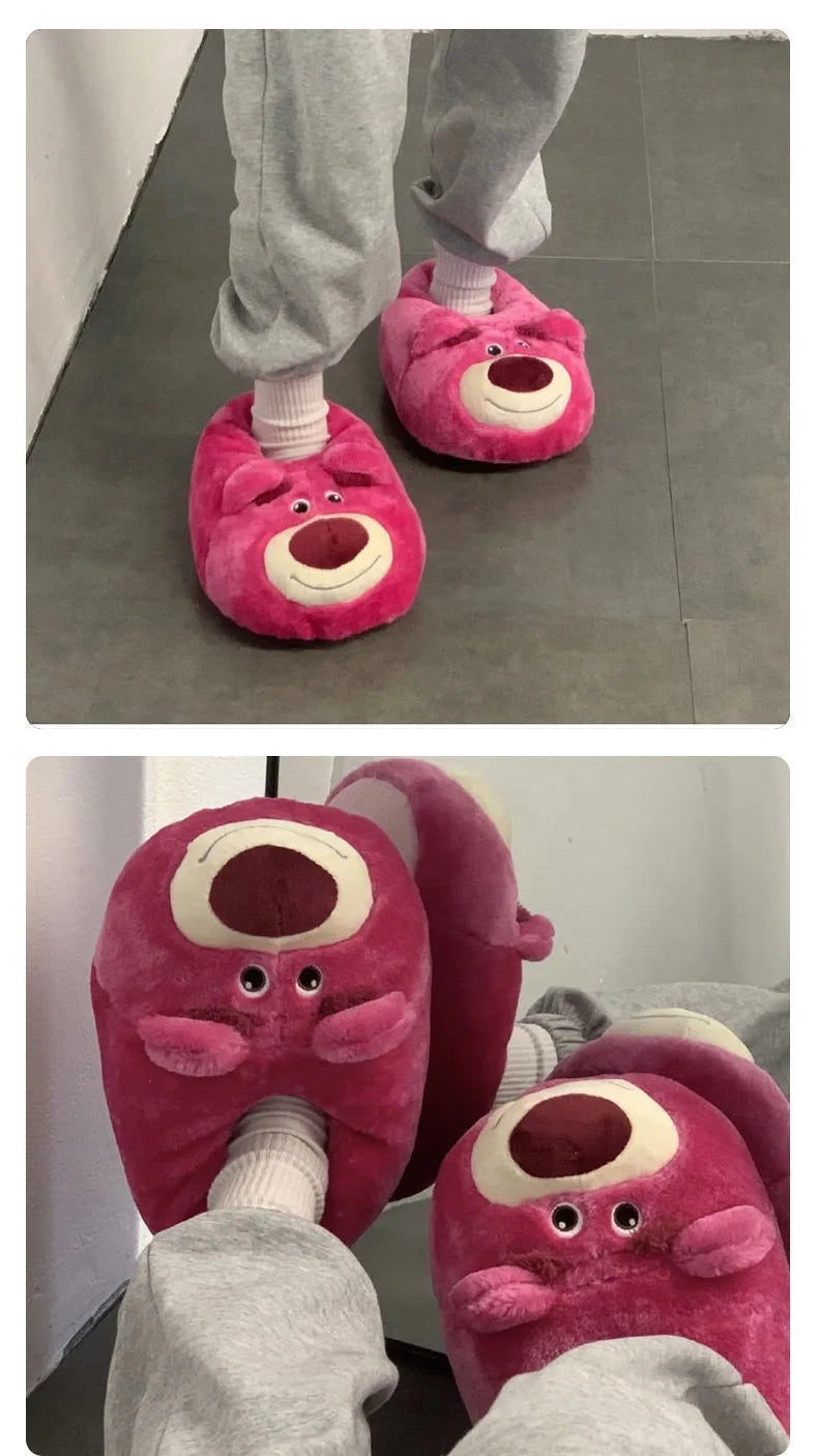Disney Winter New Cute Cartoon Strawberry Bear Adult Home Cotton Shoes Indoor Floor Plush Warm Cotton Slippers Gift For Girls