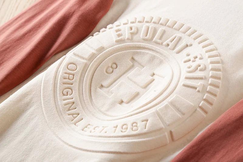 Summer New American Retro Long-sleeved O-neck 3D Letter Printed T-shirt Men's Fashion Simple 100%Cotton Washed Casual Sport Tops