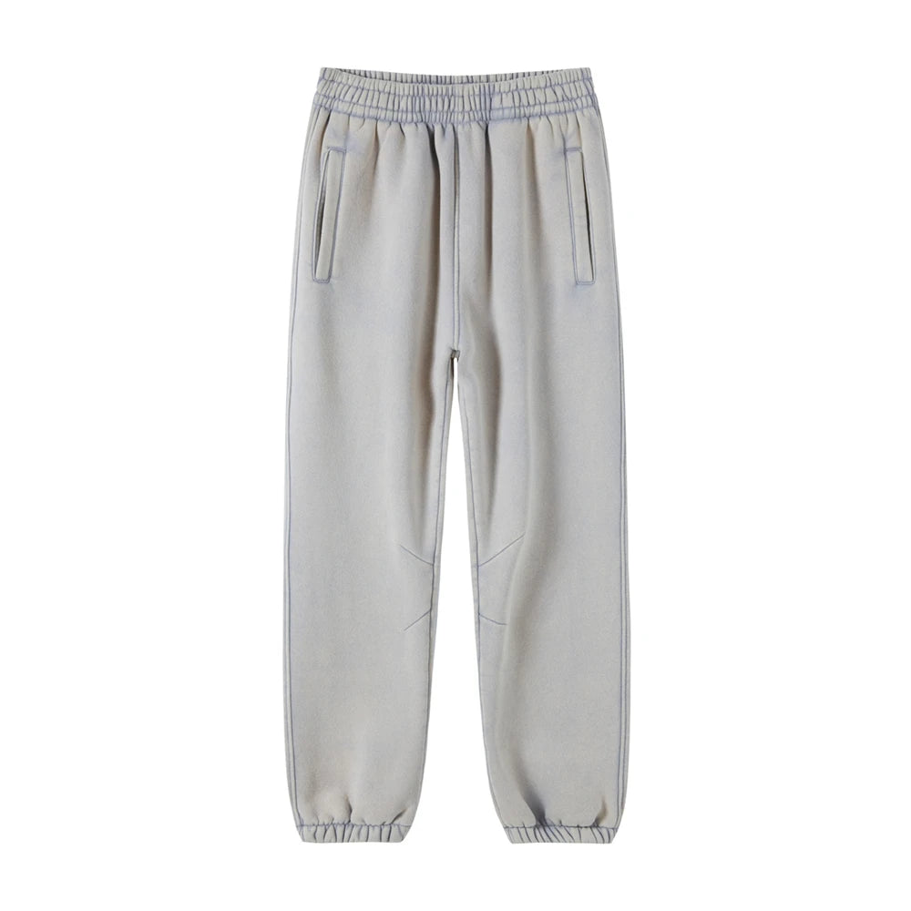 ZODF Retro Winter 360gsm Batik Washed Fleece Sweatpants Unisex Loose Drawstring Warm Joggers HY0714 - Light Grey / S