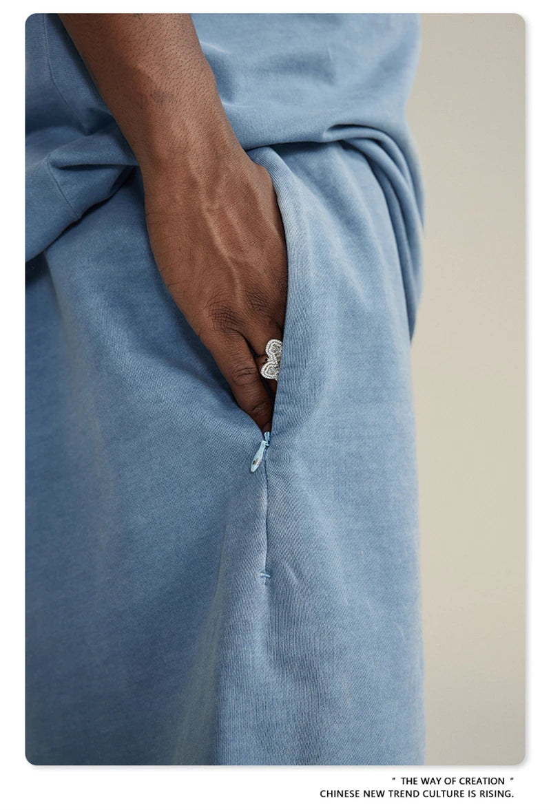 ZODF New Summer Men Retro Washed Shorts Unisex Drawstring Loose Edge 420gsm Solid Knee Length Cotton Pants Streetwears HY0589