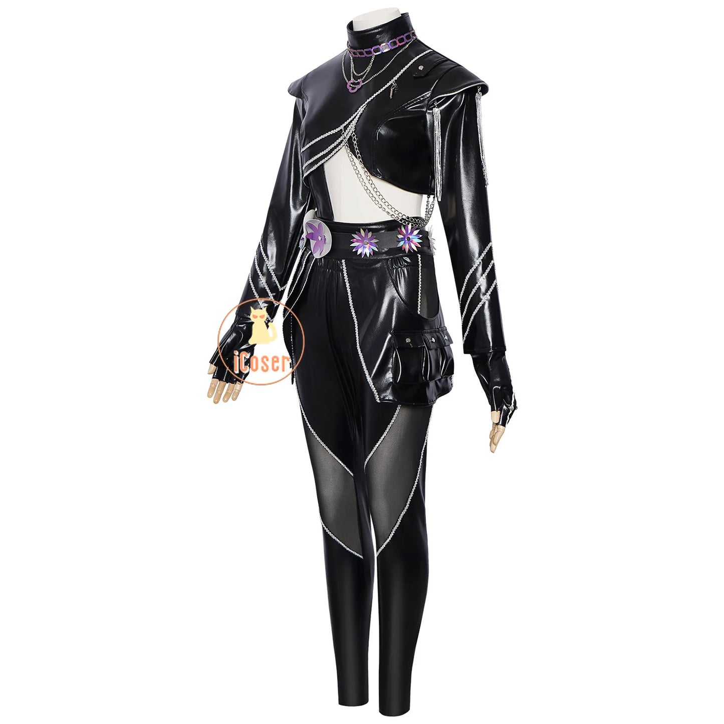 KPop Demon Hunters Rumi Cosplay Costume Black Leather Combat Uniform Necklace Gothic Punk Huntrix Halloween Women Girls iCoser