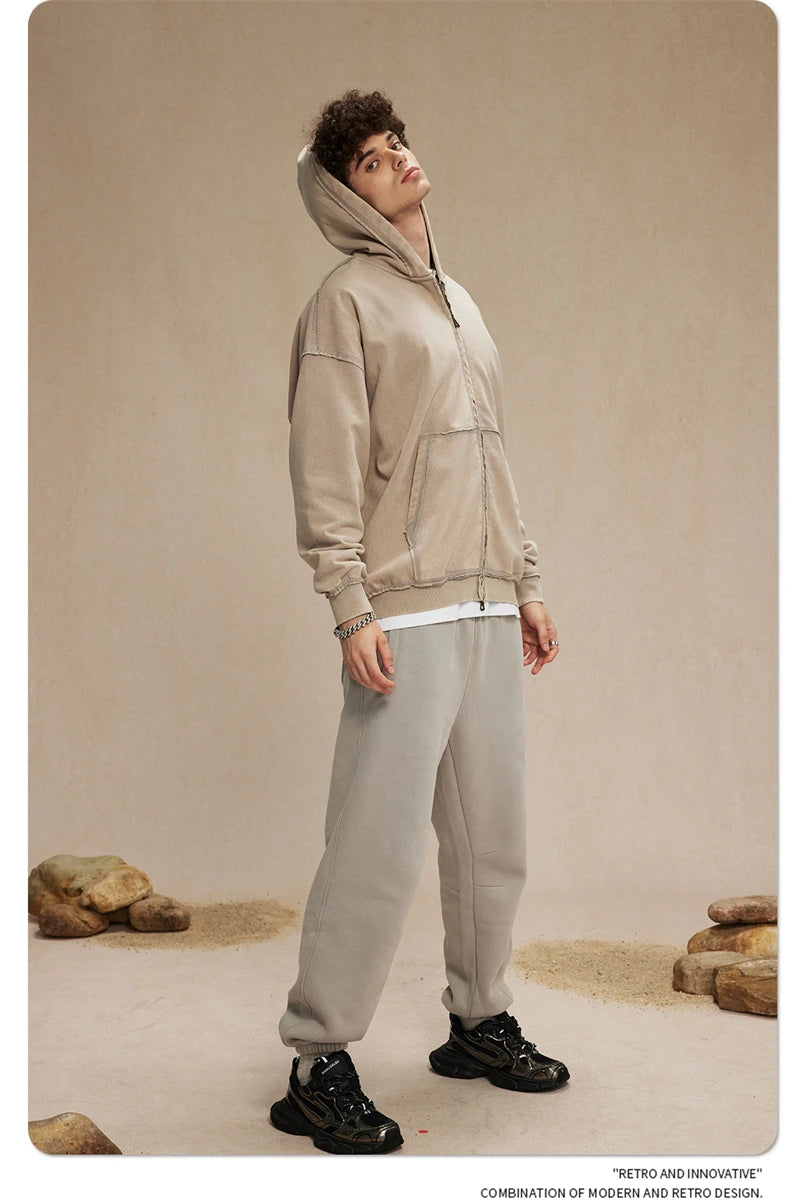 ZODF Retro Men's Heavyweight 450gsm Zipper Hoodies Unisex Loose Distressed Washed Batik Knitted Hooded Coat Jacket HY0889