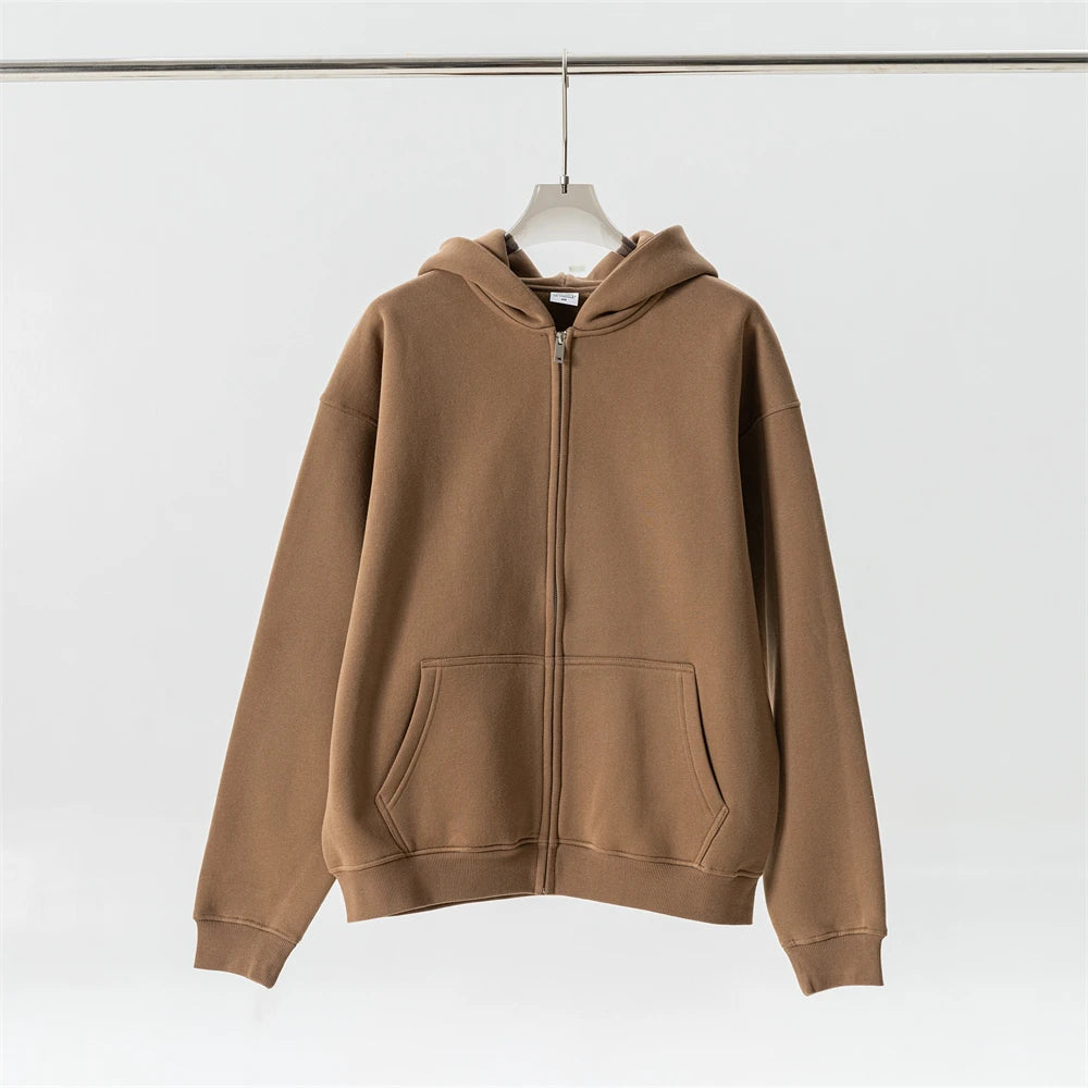 ZODF Fashion Winter Men Warm Zipper Fleece Hoodies Unisex Loose Basic 345gsm Knitted Hooded Hoodie Coats HY0904