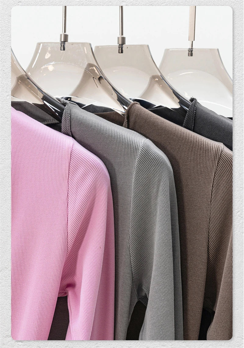 ZODF Retro Sexy Women Autumn Washed 275gsm T Shirt Ladies Girls Distressed Side Pleated Full Sleeve T-Shirts Tees HY1107