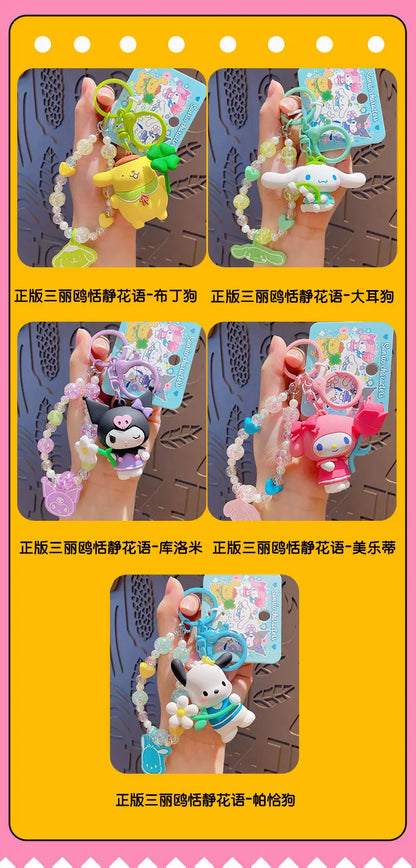 Sanrio Cartoon Animal Kuromi Pompom Purin Cinnamoroll Melody Pachacoo Pendant Keychain Key Ring Action Figure Model Toy Gifts