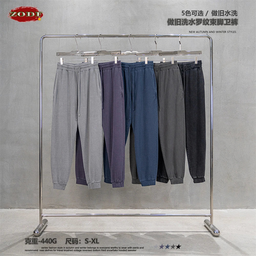 ZODF Retro Men Washed 380gsm 100% Cotton Sweatpant Unisex Loose Sport Solid Joggers Pants For Spring Autumn  HY0901