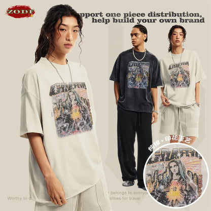 ZODF 2024 Summer 310GSM Cotton T-Shirts For Men Unisex Washed Comfortable High Street Printing T Shirt Tees HY0463