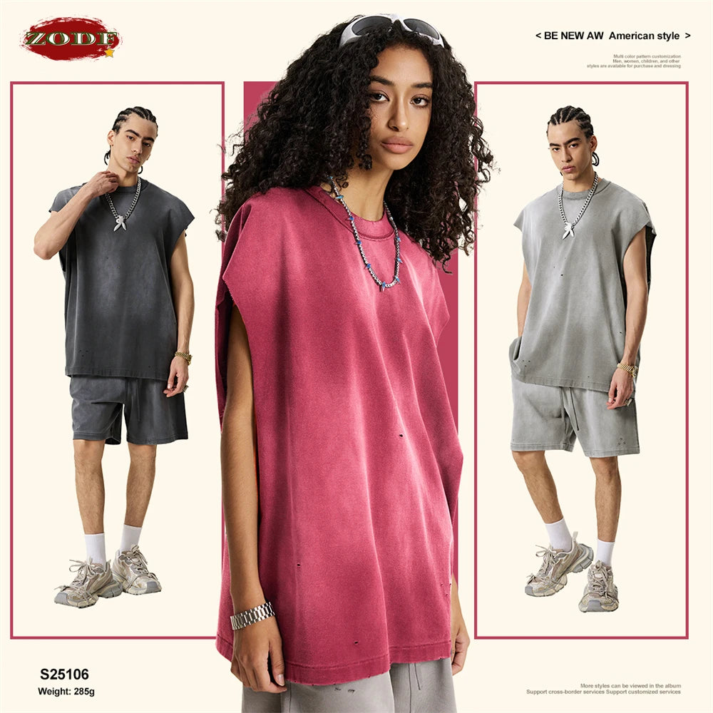 ZODF 2025 Summer 285gsm Washed Tank Tops For Men Unisex American Retro Cut Distressed Oversized Sleeveless TEE Vest HY1006