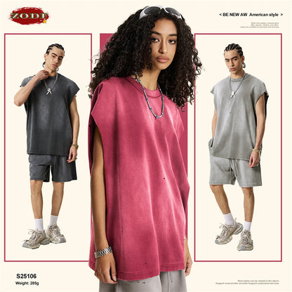 ZODF 2025 Summer 285gsm Washed Tank Tops For Men Unisex American Retro Cut Distressed Oversized Sleeveless TEE Vest HY1006