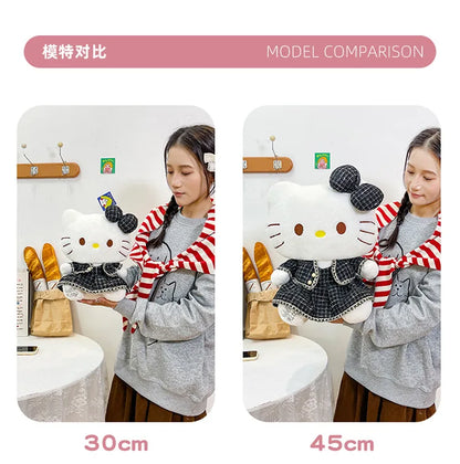 Sanrio Plush Cat Stuffed Animal Doll Large Checkered Skirt Kawaii Pillow Toy for Kids Birthday Christmas Gift for Girls Bedtime